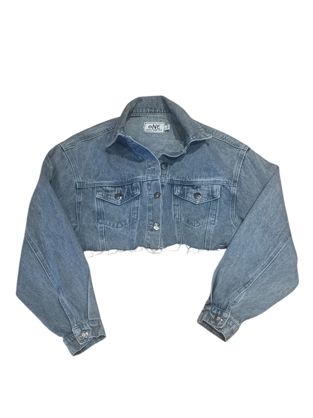 ONE ABOVE ANOTHER Women’s Light Wash Raw Frayed Hem Cropped Denim Jacket Size 6